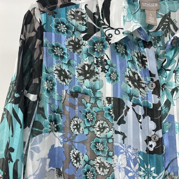 Chicos Size 1 Medium Asymmetrical Button Down Shirt Teal Blue Blouse Floral Top - Picture 8 of 9